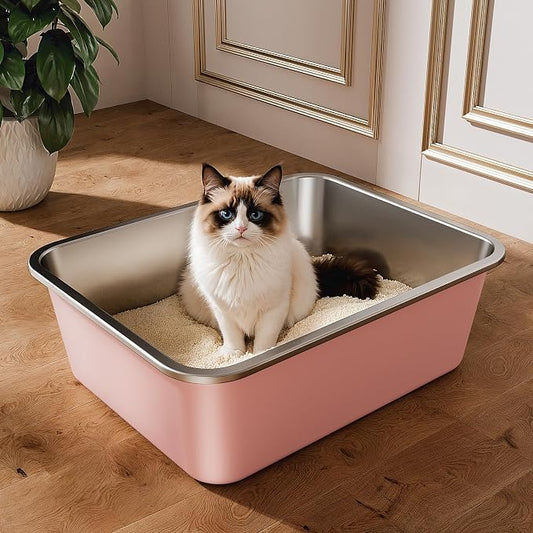 Qiuma Stainless Steel Litter Box, Large Metal Cat Litter Box with High Sided for Big and Small Cats, Non-Stick, Easy to Clean, Odor-Free, 17.5" L×13.6" W×5.9" H, Blush Pink