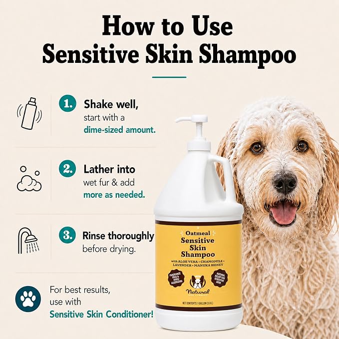 Natural Dog Company Sensitive Skin Dog Shampoo Gallon – Hypoallergenic Oatmeal Shampoo for Dogs, Professional Groomer & Multi-Pet Dog Wash with Aloe Vera & Manuka Honey, Odor Control, 128 oz