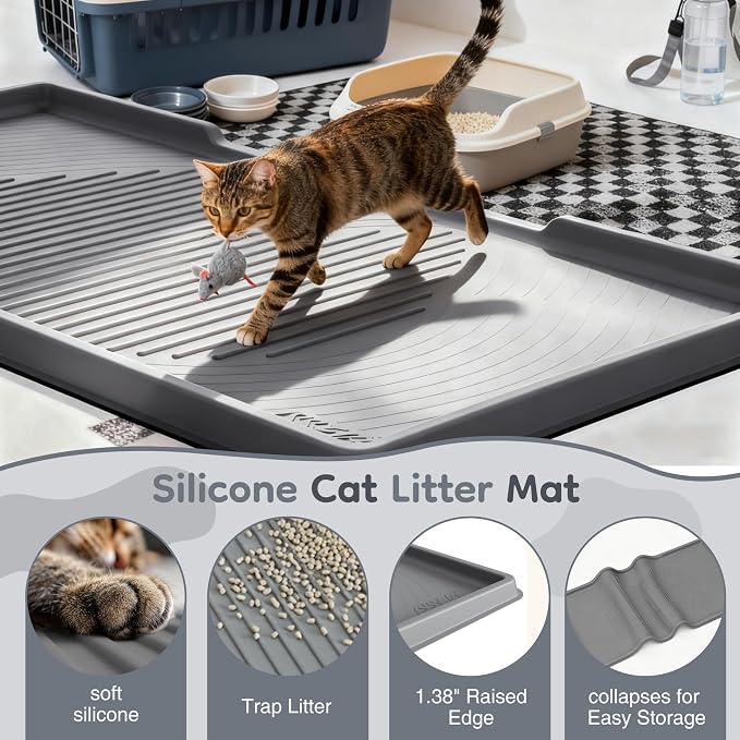 ISSEVE XXL Cat Litter Mat, Extra Large Silicone Litter Box Mat, Dark Grey | 54" x 27.5" XXL, 1.38" Raised Edge, Urine Proof, Litter Trapping Mat for Scatter Control, Soft on Kitty Paws, Protect Floor