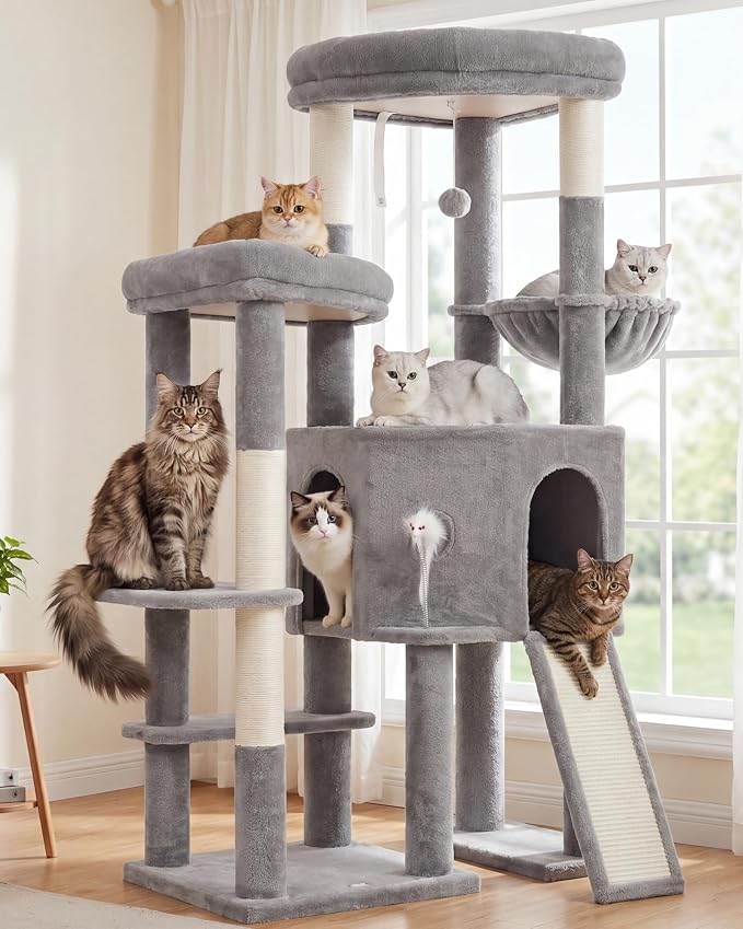 Cat Tree, Heavy Duty Cat Tower with Dual Platforms VCT002W | Oversized Diamond Condo for Large Cats, Sturdy Cat Furniture with Cozy Basket, Sisal Scratching Board & Posts, Light Gray