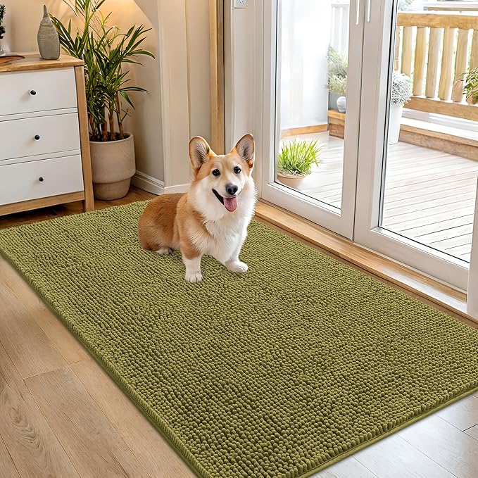 OLANLY Dog Door Mat for Muddy Paws 54x32, Super Absorbent Chenille Mud Mat | Willow Green, Absorbs Moisture and Dirt, Non-Slip Machine Washable Doormat, Quick-Dry Indoor Entryway Floor Carpet for Dogs