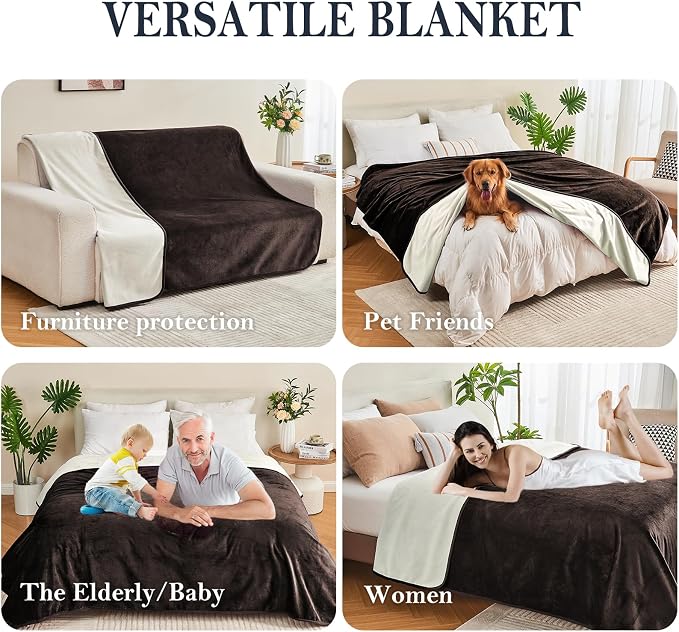 Waterproof Blanket 80"x90" for Adults, Reversible Waterproof Bed Cover for Dogs Cats Pets, Soft Leakproof Blanket for Bed Couch Sofa Furniture Protector, Brown/Off White
