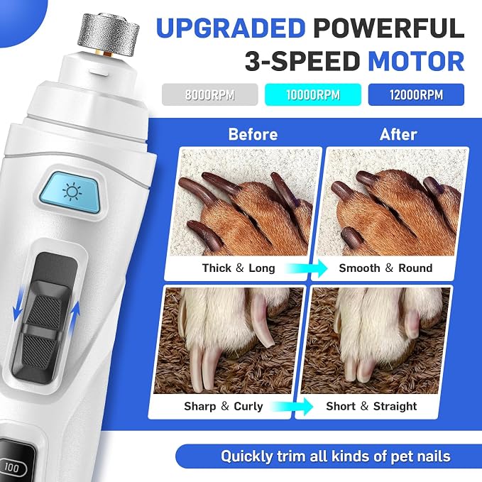 CADOLS Dog Nail Grinder & Clipper 2-in-1 Set - 25dB Ultra Quiet with 3 Grinding Wheels & 2 LED Lights, Rechargeable for Large/Puppy Dogs & Cats, 3-Speed Adjustable for Anxious Pets