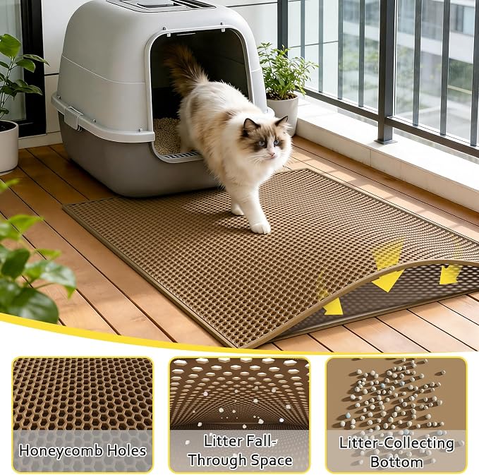 Cat Litter Mat, 30"x24", Waterproof, Easy to Clean (Brown-1Pack) | Double-Layer Honeycomb for Effective Litter Trapping, Premium Durable EVA, Non-Slip, Paw-Friendly Soft Surface