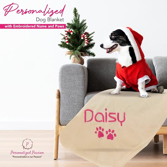 Personalized Passion Dog Blanket with Embroidered Name and Paws - Soft, Comfortable and Cozy for Couch, Bed, Car - Water Resistant Pet Fleece Blanket for Dogs and Cats - Cream - 28x40 Inches