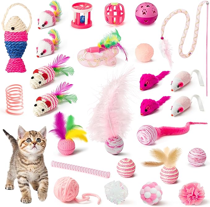 MALLMALL6 Cat Toy Set Interactive Cat Toys 27Pcs Pack Stuff Pink Feather Teaser Wand Springs Mice Sisal Fish Crinkle Balls Bell Balls, Puzzle Pack for Indoor Kitty Play Exercise