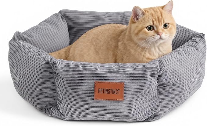 Cat Bed, 22 Inch Washable Corduroy Cat and Small Dog Bed with Removable Cover & Anti-Slip Bottom, Calming Comfort Pet Bed for Pets up to 15 lbs (Gray)