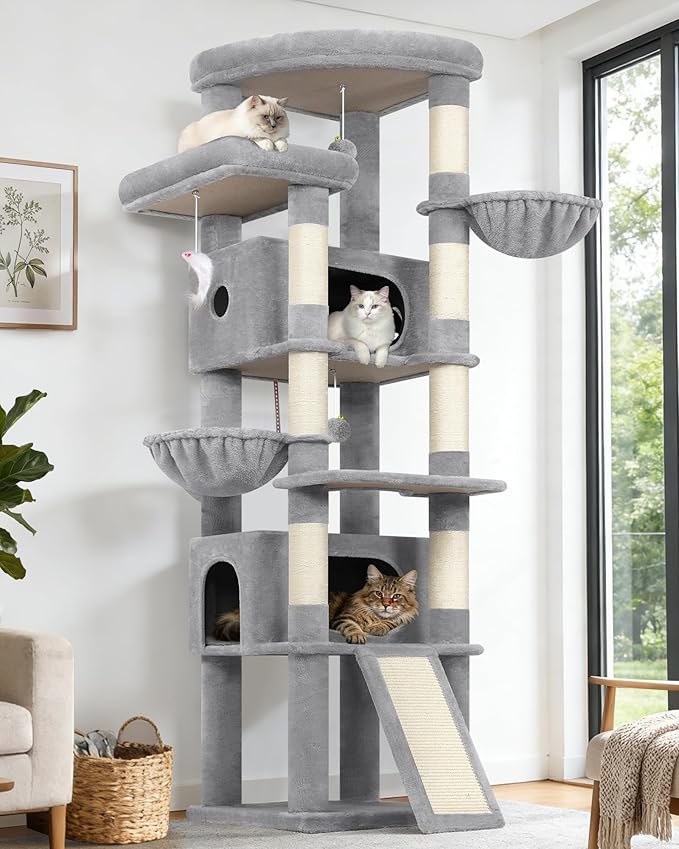 Globlazer 80in Tall Extra Large Heavy Duty Corner Cat Tree Tower, S80C | Sturdy Big Cat Tower for Indoor Cats Large Adult with Scratching Post, 2 Spacious Condos with Padding, 2 Perches, Light Grey