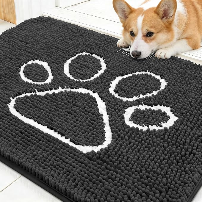 OLANLY Dog Door Mat for Muddy Paws 30x20, Paw Print Design Chenille Mud Mat | Dark Grey, Absorbent, Traps Moisture and Dirt, Non-Slip Washable Doormat, Quick-Drying Indoor Entryway Floor Carpet for Dogs