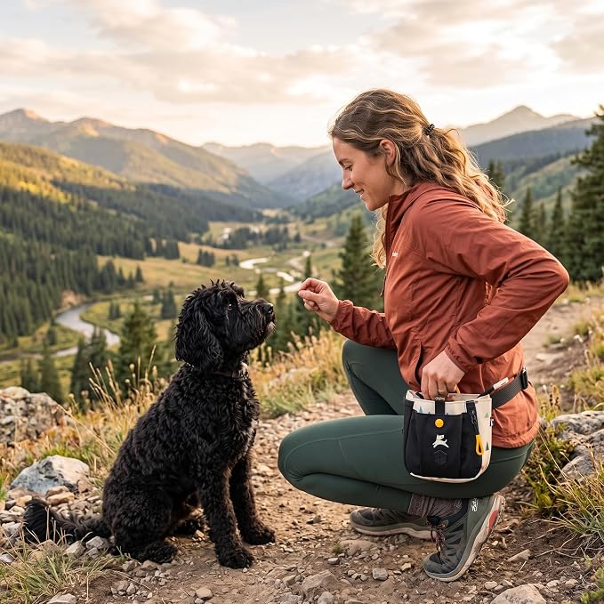 Backcountry Day Bag | Dog Training Treat Pouch | Eco-Friendly Recycled Fabric Fanny Pack with Zipper Closure, Built-in Poop Bag Dispenser & Adjustable Waist Belt (Terrazzo)