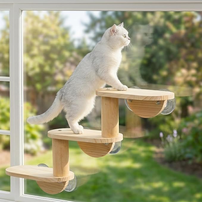 Cat Window Ladder, 3-Level Solid Pine Steps for Climbing and Bird Watching | Window-View Enrichment,Drill-Free,Hold Up to 40lbs, For Small to Medium Cats,Minimum 30 in Unobstructed Glass Width
