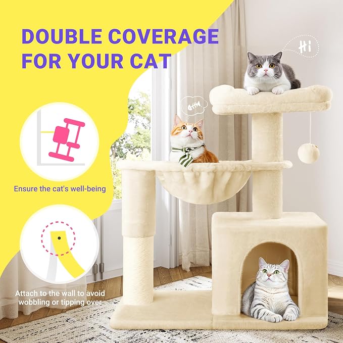 Allewie 29.5in Indoor Cat Tree, Multi-Level Cat Tower with Sisal Scratching Posts, Padded Perch, Basket, Condo, and Hanging Ball, Suitable for Kittens and Adult Felines,Beige