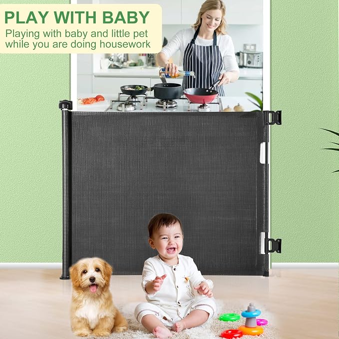 Retractable Baby Gate for Stairs & Doorways, 33" Tall Extends to 55" Wide | Extra Wide Safety Kid Pet Gate, Mesh Dog Gate for Indoor,Outdoor, Hallways One-Handed Operation, Easy Install(33”x55”- Black)