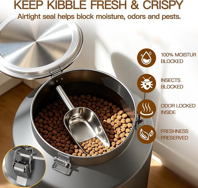 Stainless Steel Dog Food Storage Container 45 lb with Scoop & Lid | Large Airtight Metal Pet Food Bin, No Dented or Scratched, Metal Dog Food Storage Container for Kibble, Cat Food & Bird Seed