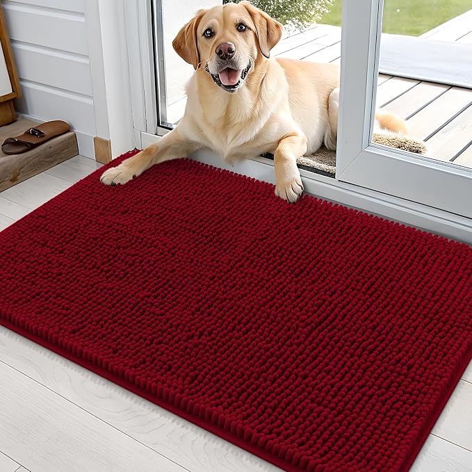 OLANLY Dog Door Mat for Muddy Paws 36x24, Super Absorbent Chenille Mud Mat | Red, Absorbs Moisture and Dirt, Non-Slip Machine Washable Doormat, Quick-Drying Indoor Entryway Floor Carpet for Dogs