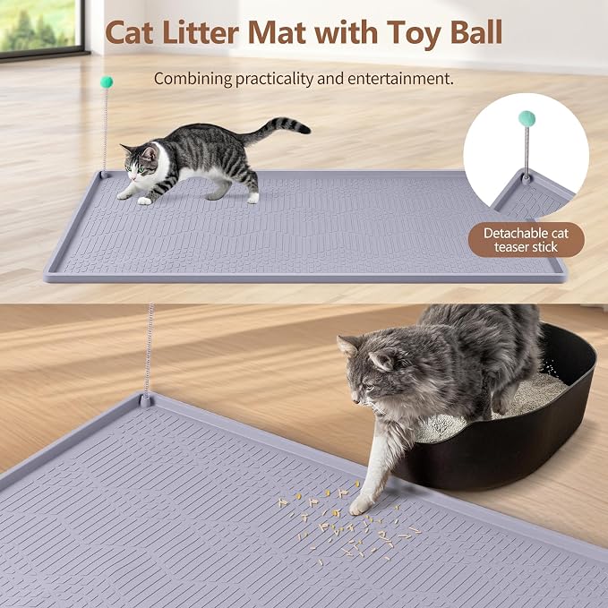 Silicone Cat Litter Box Mat 34'' x 22'' Cat Mat with Toy, Grey | Extra Large Litter Mat with lip, Non-Slip Waterproof Cat Litter Mat Litter Trapping Mat for Floor, Easy to Clean