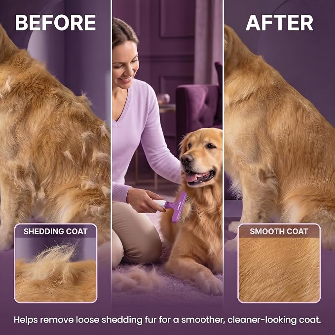 POODLIE Poodle Pet Dog Grooming Rake| Dematting Tool with Stainless Steel Shedding Comb for Pets | 2 Rows of Pins Gently Remove Loose or Tangled Hair from Undercoat | Purple Handle