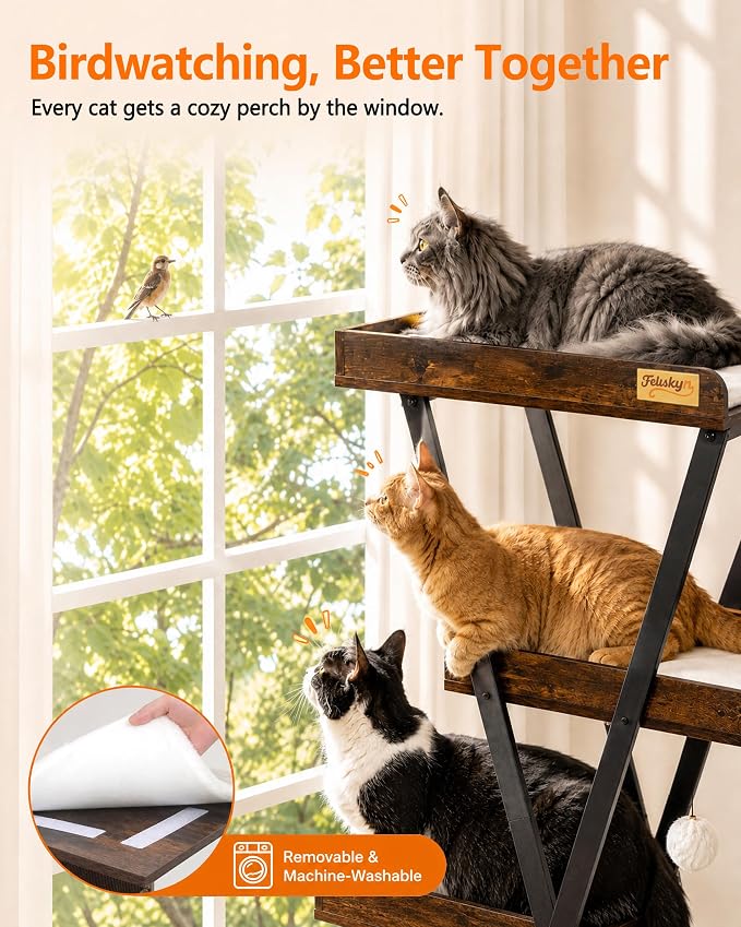 Modern Wood Cat Tree Tower for Indoor Cats Large Adult 67-in Tall | Heavy Duty XL Stable Wooden Cat Condo House Furniture with Multi-Level Spacious Perch Scratching Board Soft Washable Pads