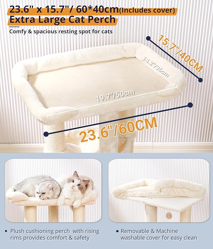 Happi N Pets 28" Cat Tree, Large Bed for Big Cats, Small Cat Tower with Soft Perch for Window Viewing, Stable Cat Tree Tower, Cat Scratching Post with Hammock, Removable Cover-Beige
