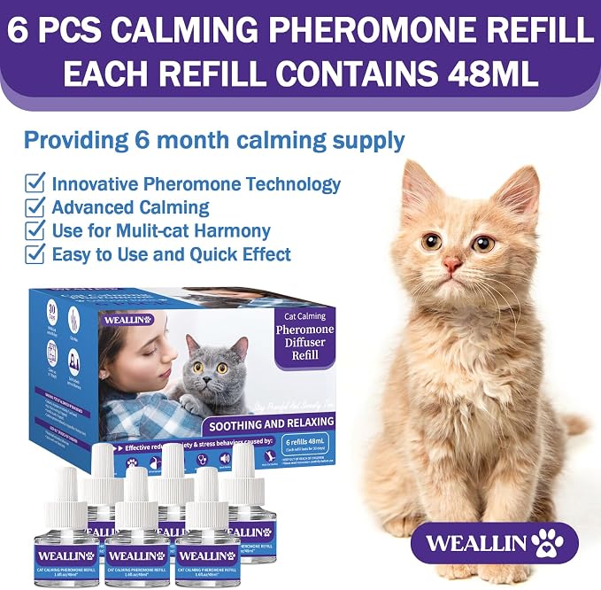 6 Pack Cat Calming Diffuser Refills - Cat Pheromones Calming Diffuser Refill Relieve Anxiety & Stress 6 Month Supply, Cat Pheromone Diffuser Refills (Fits All Common Diffuser Heads) | Cat Pheromones Calming Diffuser Refill 6 Month Supply, Cat Pheromone...