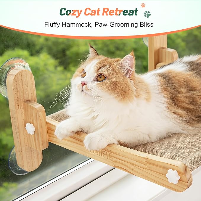 Cat Window Perch, 100% Natural Pine Foldable Cat Window Seat, Cordless Safety Design with 50LBS Weight Capacity, No Drilling Easy Installation for Indoor Cats & Home Decor