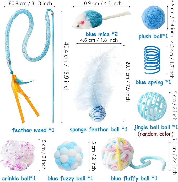 MALLMALL6 Cat Toy Set Interactive Cat Toys 11Pcs Pack with Foldable Tunnel, Feather Teaser Wand, Springs, Mice, Crinkle Balls & Pet Bell Balls - Puzzle Toys for Indoor Cats - Gift (Blue)