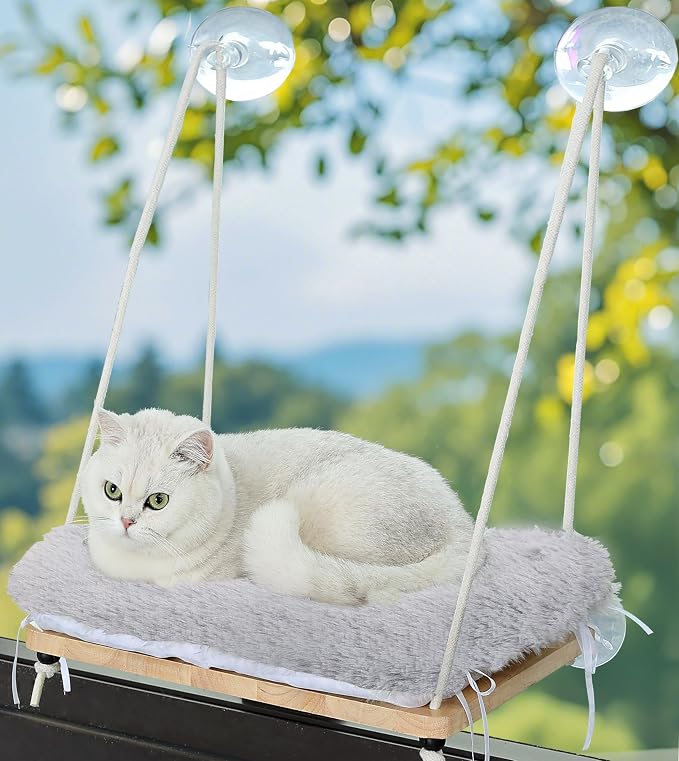 Foldable Cat Window Perch, Soft Window Bed for Overlooking, Sunbathing and Climbing,Stable Cat Seat Mounted with Strong Suction Cups- Maximum Hold Up to 40lbs(Light Grey)