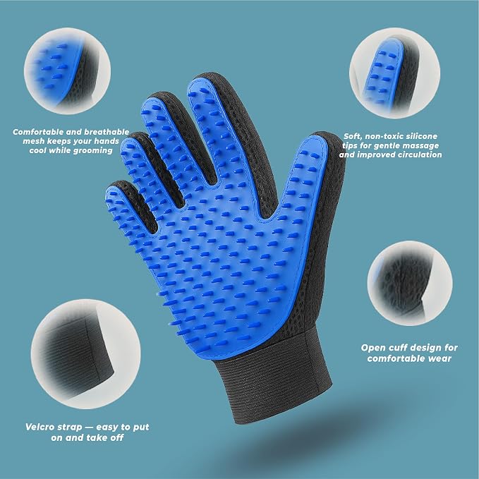 Pet Grooming Gloves – Efficient Dog & Cat Grooming Gloves 2-in-1 Deshedding Glove & Massage Mitt for Bathing, Washing & Shedding, Safe for Short/Long Hair – 2pcs (Blue)