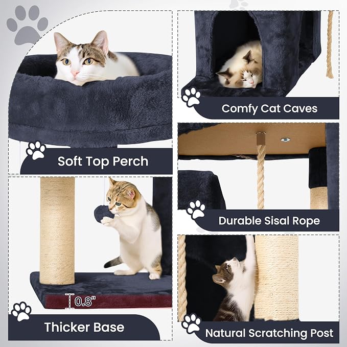 58.5inch Large Cat Tree Tower Condo for Indoor Cats, Soft Plush Multi-Level Climbing Tree Cat House with 2 Cat Cave, Scratching Post, More Entrance/Exit, Sisal Staircase, Light Black