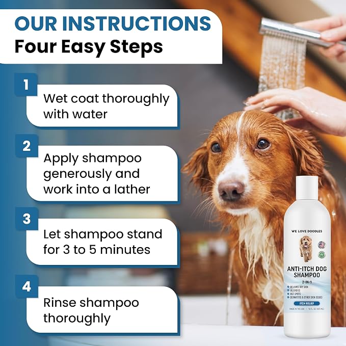 Anti Itch Dog Shampoo & Conditioner for Sensitive & Itchy Skin, Made in USA | Relieves Itchy & Dry Skin, For Irritated Skin & Hot Spots, Hypoallergenic, Tearless & Natural For Puppies, Pets & Cats, USA