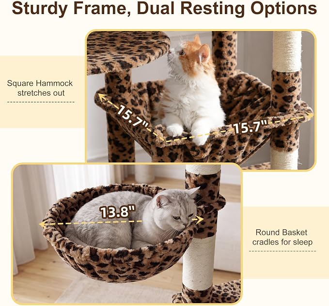 Heybly Cat Tree, 76-Inch Tall Heavy Duty Cat Tower for Big Cats HCT039BW | Multi-Level Large Cat Furniture with Extra Wide Baseboard, 2 Condos & 2 Hammocks, 10 Scratching Posts, Leopard Print
