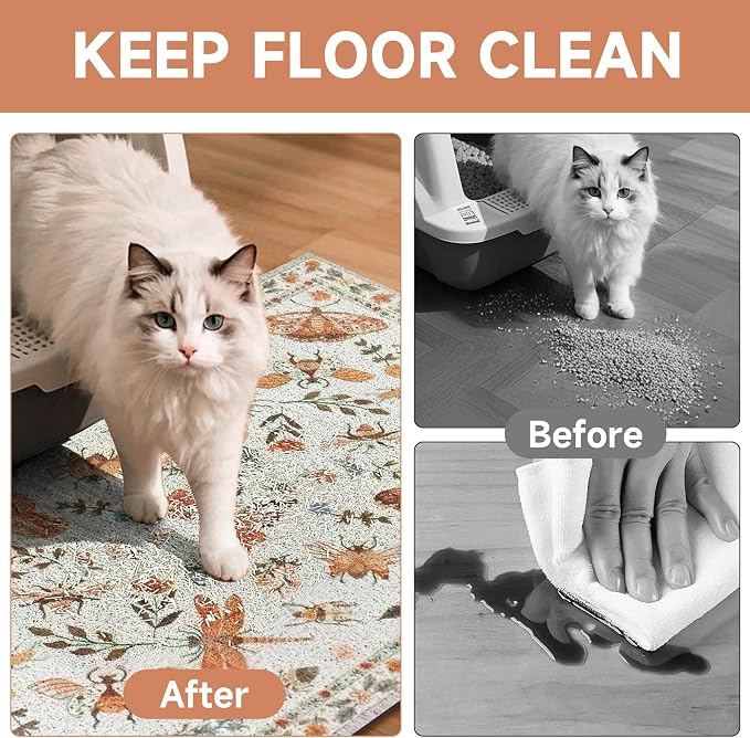 Cat Litter Mat, 24" x 16" Litter Mat, Traps 100% Cat Litter, Non-Slip Litter Box Trapping Mat, Cute Decor Litter Mat, Easy Clean for Scatter Control, Waterproof Urine Protection