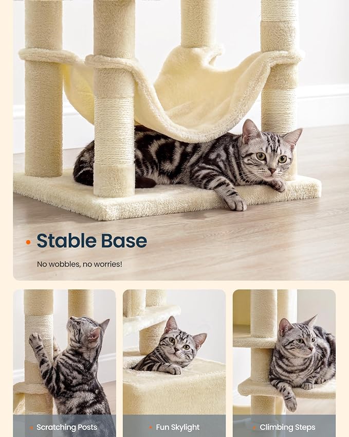 SONGMICS HOME Cat Tree for Indoor Cats, Multi-Level Cat Tower with Sisal Scratching Posts, Hammock and Condo, Beige