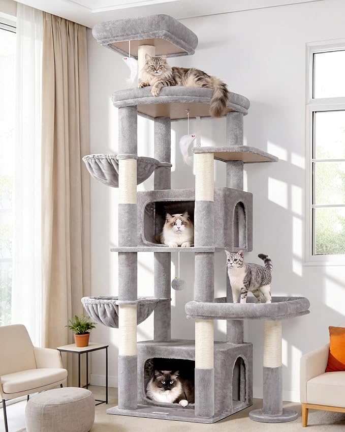 Globlazer 75in Sturdy Cat Tree Tower for Indoor Large Cat, S75, Light Grey | Multi-Level Heavy Duty Cat Tower with Scratching Post, Oversized Condos & Perches for Big Cats, Large Baskets, Enlarged Base