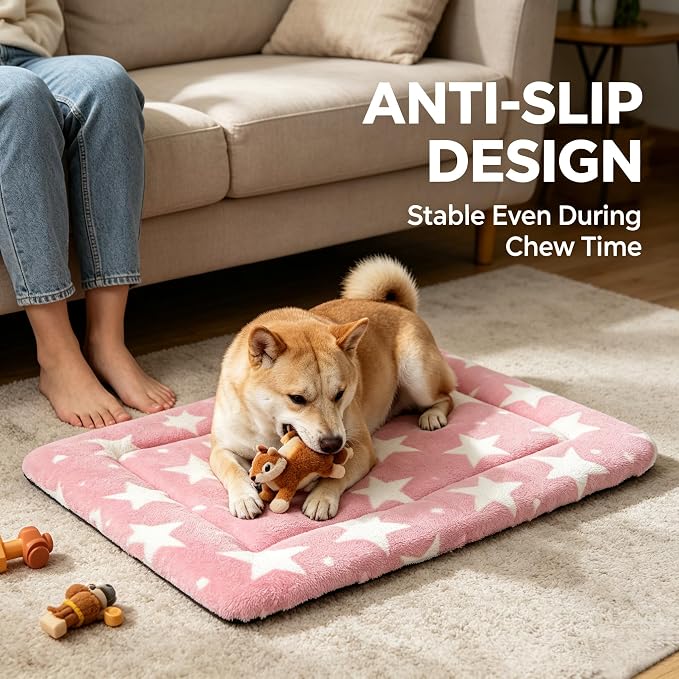 Dog Bed Mat,Reversible & Ultra Soft Kennel Pad-Machine Washable Pet Bed for Dogs & Cats-All-Weather Crate Liner for Crates,Carriers & Travel (Big Star&Pink, 30.0" L x 20.0" W x 1.5" Th)