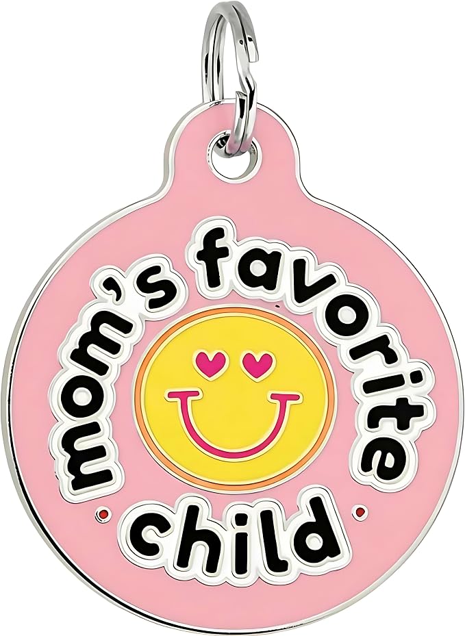 Bad Tags Personalized Dog and Cat ID Tags in 25+ Designs and 2 Sizes - 5 Lines of Custom Engraved Text - Funny Cute Personalized Pet Tags (Mom's Favorite Child - Pink, Small (1 inch))