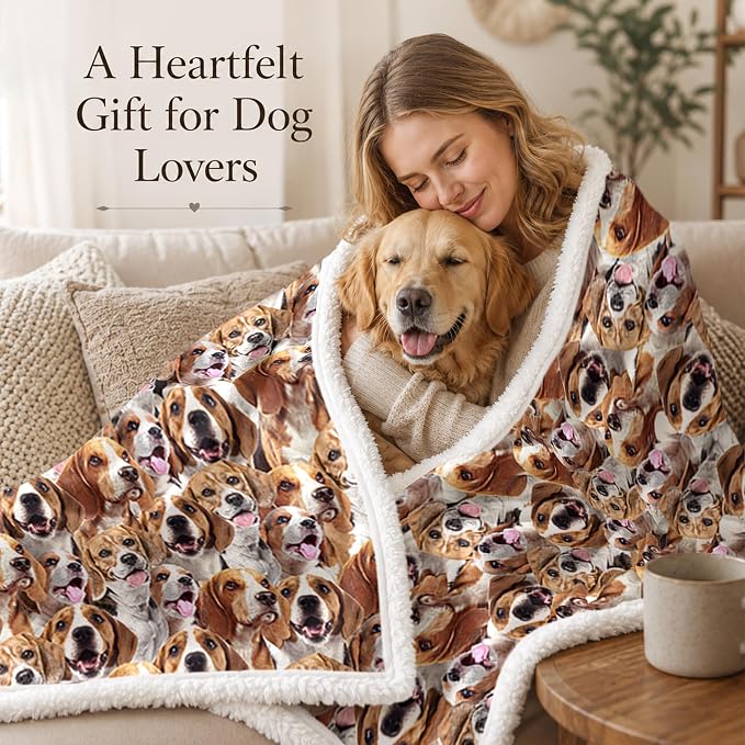 BlessLiving Beagle Brown Throw Blanket with Dense Dog Patterns Sherpa Fleece Blanket Couch Bed, Soft Cozy Warm Pet Blankets for Puppy Lovers Cute Animal Print Gift 60x80 Inches