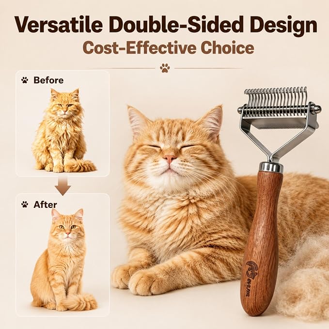 Cat Brush for Long Haired Cats, 2-in-1 Dematting Comb & Deshedding Brush for Cats, Dual-Sided Undercoat Rake for Matted Fur, Tangles, Shedding and Loose Hair