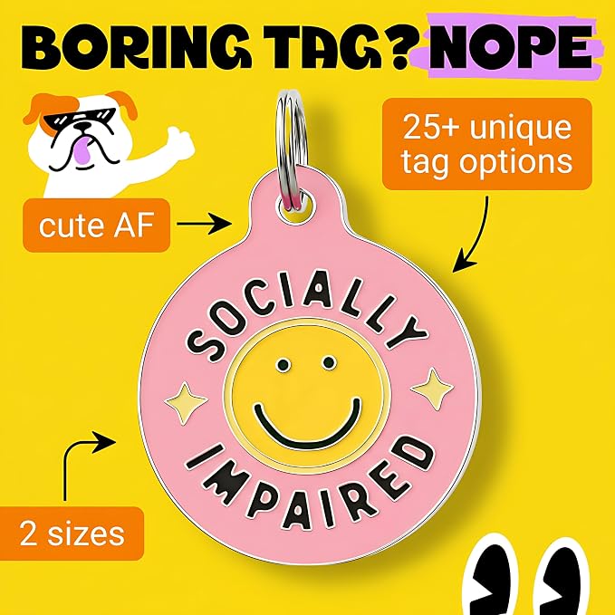 Bad Tags Personalized Dog and Cat ID Tags in 25+ Designs and 2 Sizes - 5 Lines of Custom Engraved Text - Funny Cute Personalized Pet Tags (Socially Impaired - Pink, Small (1 inch))