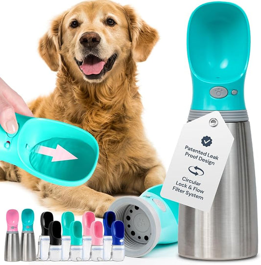 MalsiPree Insulated Dog Water Bottle - 24 oz Blue, Stainless Steel | 24oz insulated steel bottle & bowl - leak-proof - Use for dog travel, hiking, park & beach days