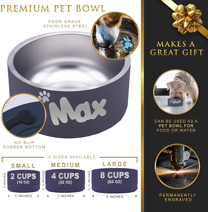 My Personal Memories Customized Stainless Steel Dog or Cat Bowl for Water and Food - Engraved Pet Bowl with Non Slip Bottom (Small - 18 Ounces, Navy Blue)