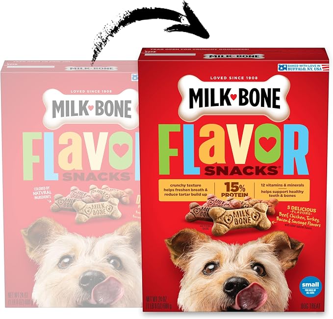 Milk-Bone Flavor Snacks Small Dog Biscuits, Flavored Crunchy Dog Treats, 24 Oz. Box | 5 flavors per box (beef, chicken, turkey, bacon & sausage flavors with other natural flavors), made with 15% protein