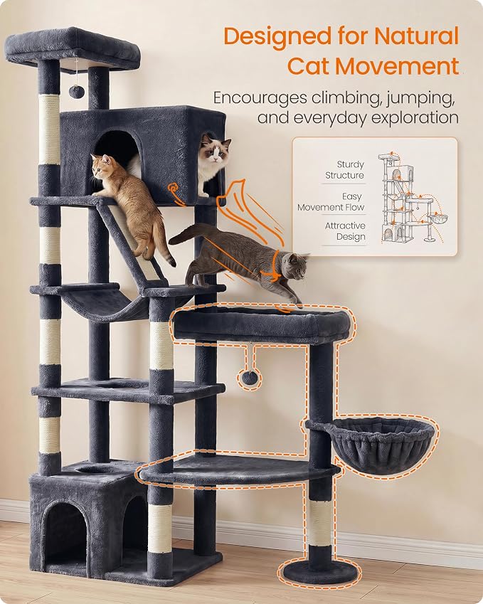 Feandrea 74.1-Inch Cat Tree Tower for Indoor Extra Large Cats, with Scratching Posts, Scratching Board, Multi-Level Design, Dark Gray UPCT016G201S