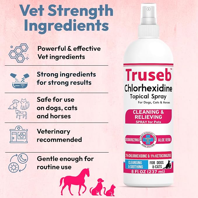 Truseb Advanced Strength Medicated Chlorhexidine for Dogs Cats Horses Skin Spray with Aloe Vera - Medicated Ketoconazole Spray for Skin Irritation, Hot Spots, Redne (Medicated Ketoconazole Spray, 8oz)