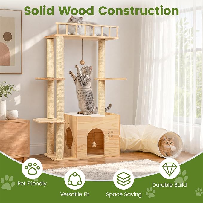 45 Inch Solid Wood Cat Tree, Modern Cat Tower for Indoor Cats, Cat Condo with Single Tunnel, Sisal Scratching Posts, High Perch Platform, Washable Cushion, Hanging Balls, Natural