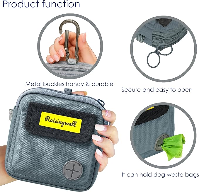 Raisingwell Dog Treat Pouch for Pet Walking and Training with Clicker Poop Bags and Three Bags Design Small Fanny Zipper Pack Holder for Puppy Snack Dispenser Kit for Leash and Outdoor Use (Gray)