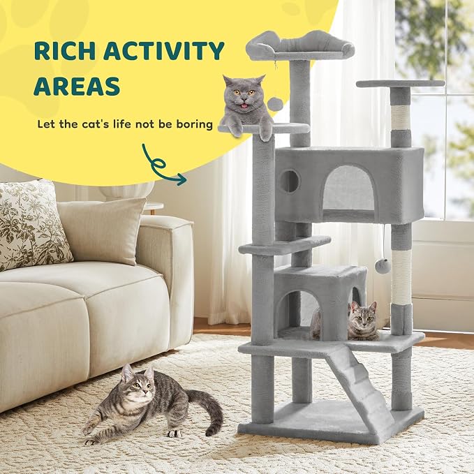 54 Inch Cat Tree Tower with Sisal Scratching Posts | Multi-Level Cat Tower with Climbing Ladder, Play Toy Balls House for Indoor Cats, Light Grey