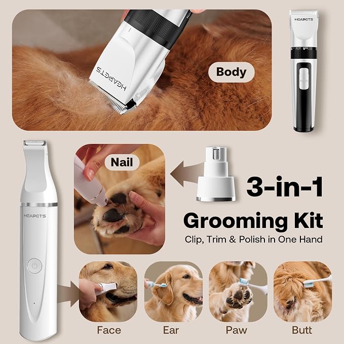 HEAPETS Dog Hair Clippers for Grooming Kit and Dog Paw Trimmer Nail Grinder for Grooming, Low Noise Rechargeable Cordless, Shaver Grooming Supplies for Pet Cats Dogs, White