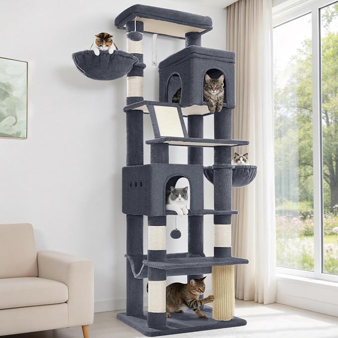 Hzuaneri Tall Cat Tree 84 Inch, Indoor Large Multi-Level Cat Tower | Cat Condo Furniture with 5 Scratching Post, 2 Hanging Basket, 2 Condo, 2 Large Platform, Pet Play House, Dark Grey MS21318SG