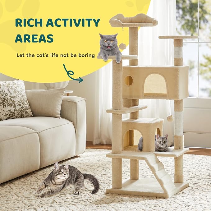 54 Inch Cat Tree Tower with Sisal Scratching Post | Multi-Level Cat Climbing Tower with Hammock, Pet Condo for Indoor Cats and Kittens, Beige